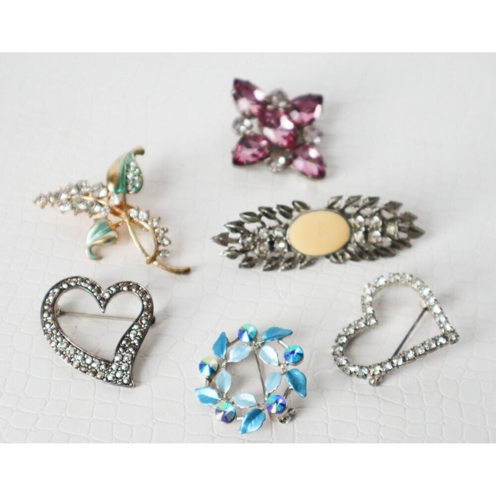 6 Mid-Century Modern Silver Tone Brooches Pin Brooch Rhinestone Accents